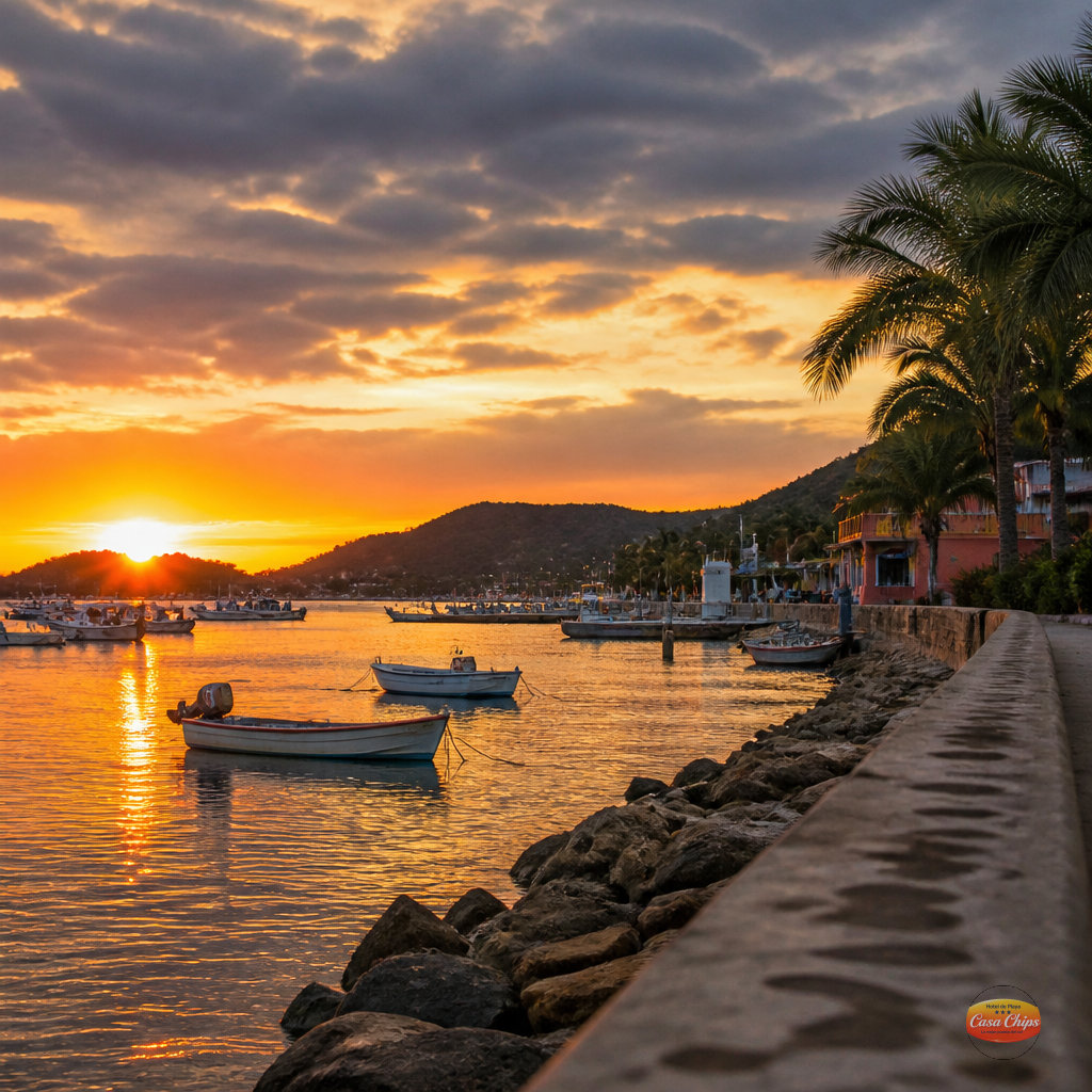 Atardecer desde el Malecón, Barra de Navidad, con vistas al océano