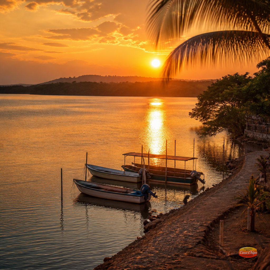 Vista de la Laguna de Navidad al atardecer, reflejando los colores del cielo
